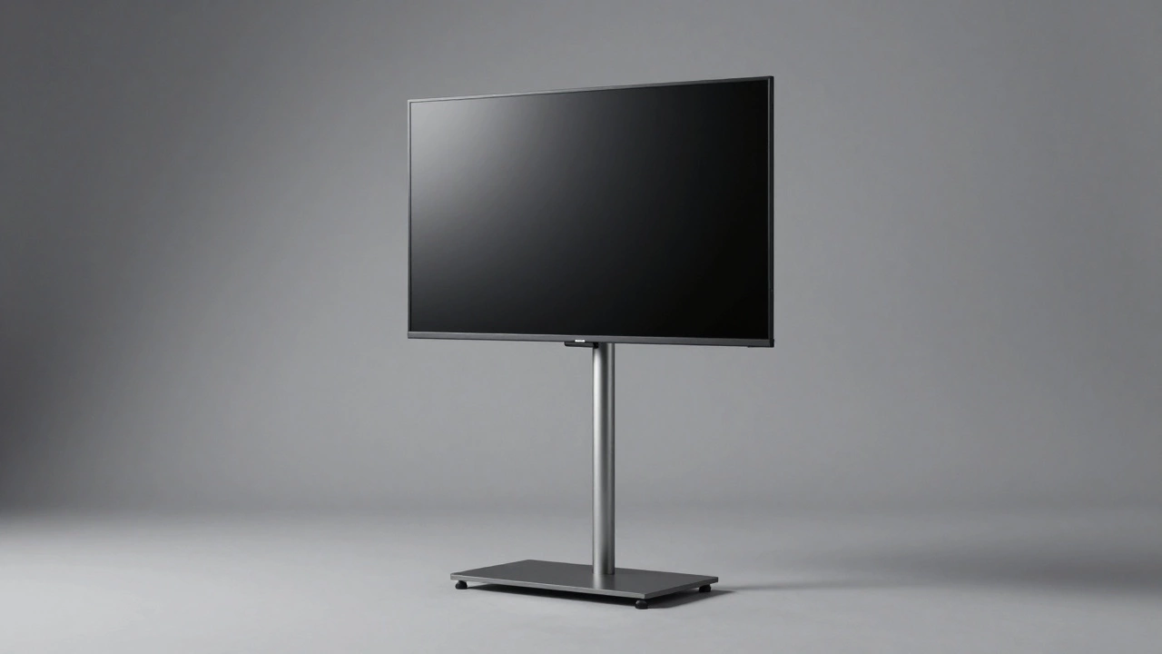 TV screen mounted on a professional vertical floor stand