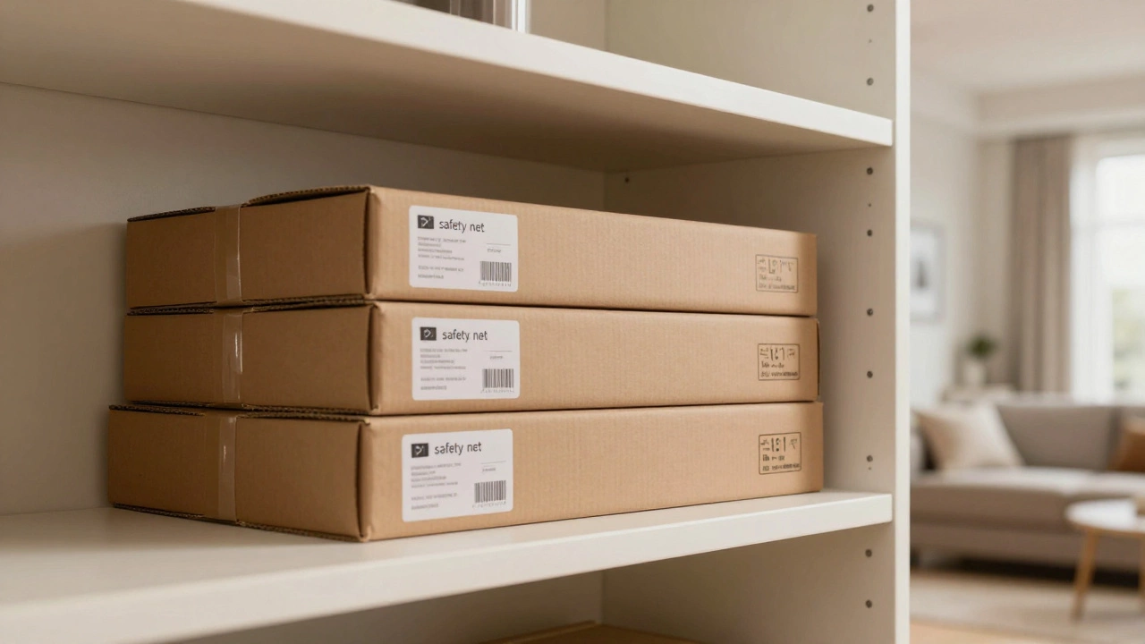Unopened boxes of spare flooring stored neatly on a closet shelf for future repairs