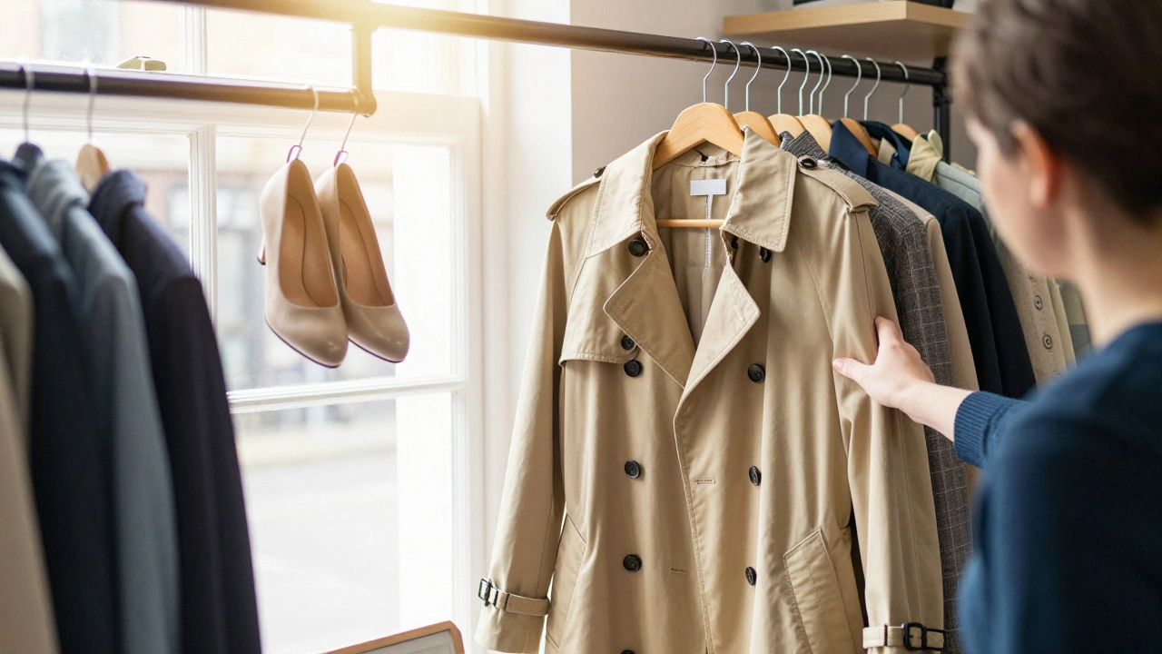 A beige trench coat hanging in a sunny UK charity shop window