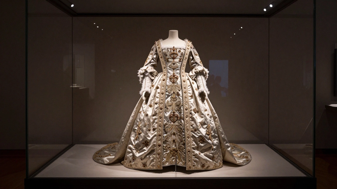 A historic royal gown displayed under spotlight in a museum case