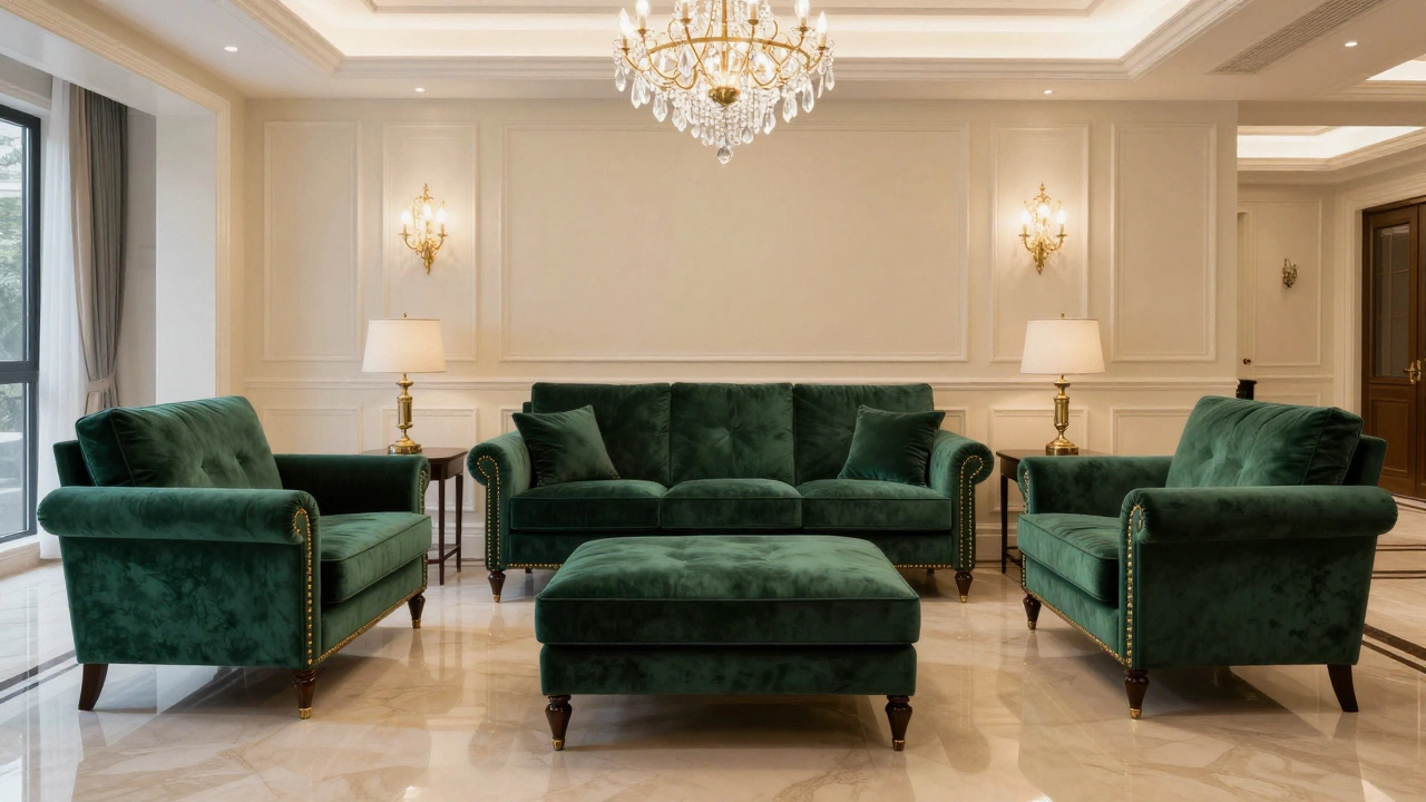 A matching sofa set with armchairs in a formal, elegant living room
