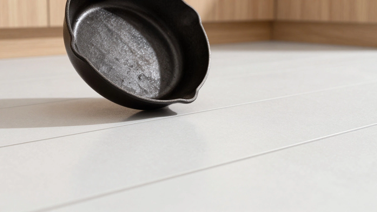 Cast iron skillet on unscratched porcelain tile floor