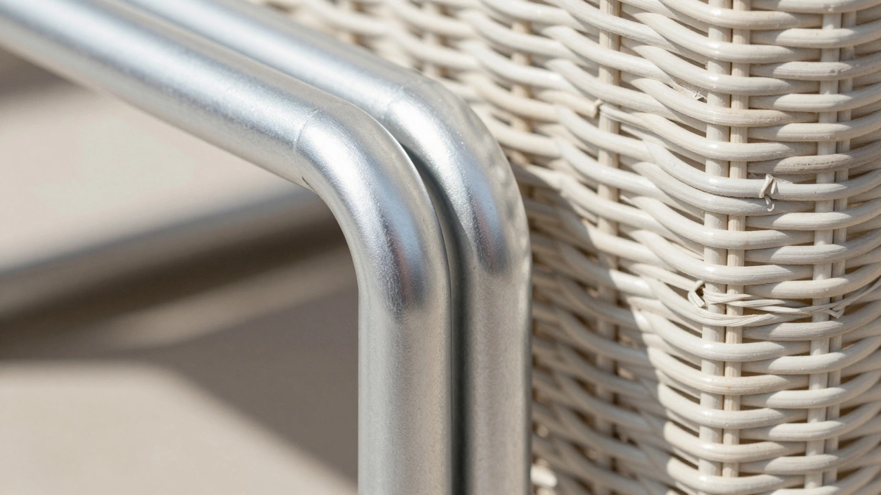 Close-up of powder-coated aluminum and synthetic wicker textures
