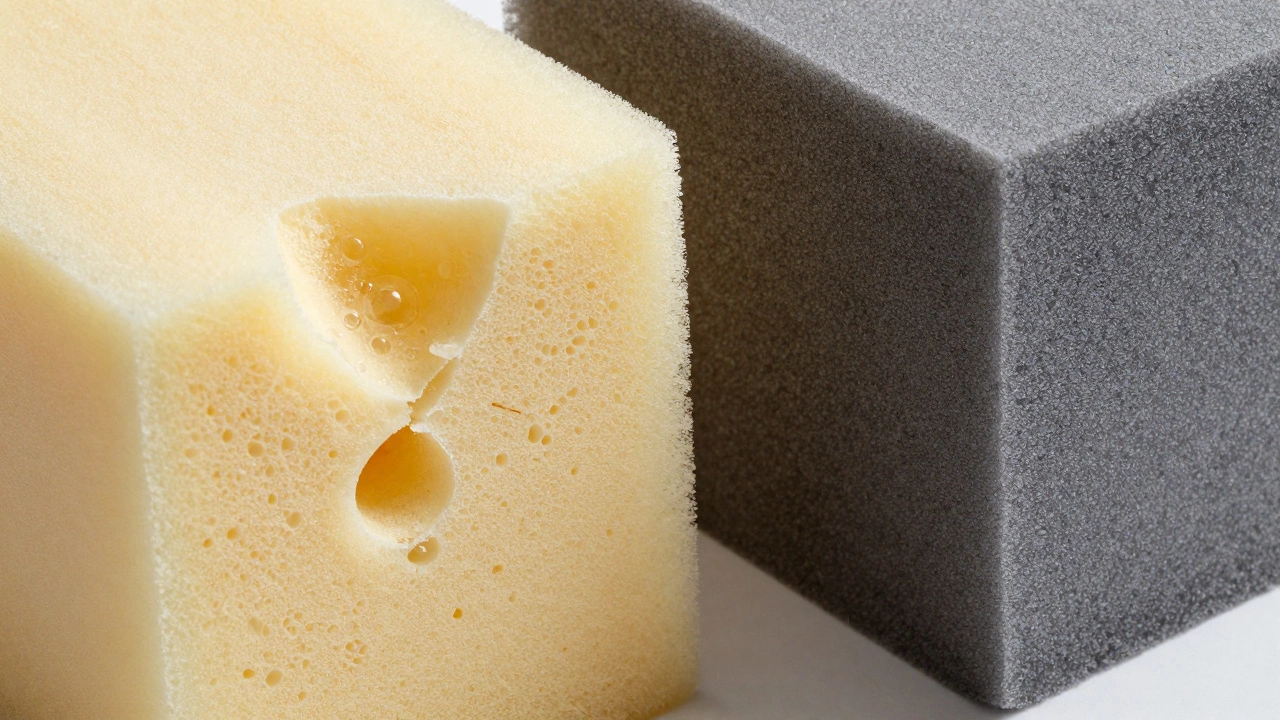Comparison of crushed low-density foam versus solid high-density foam blocks under studio light.