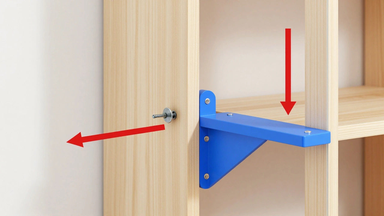 Diagram showing bookcase anchored to wall stud for safety