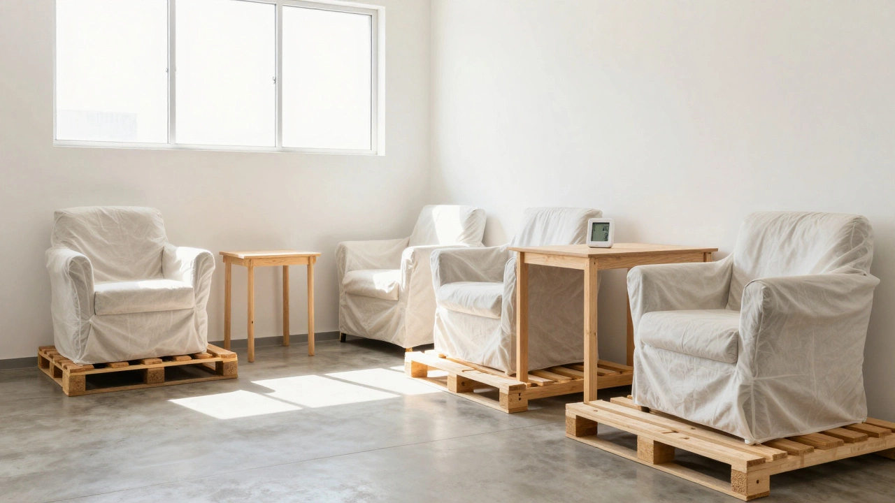 Furniture stored safely on pallets in a dry, ventilated unit