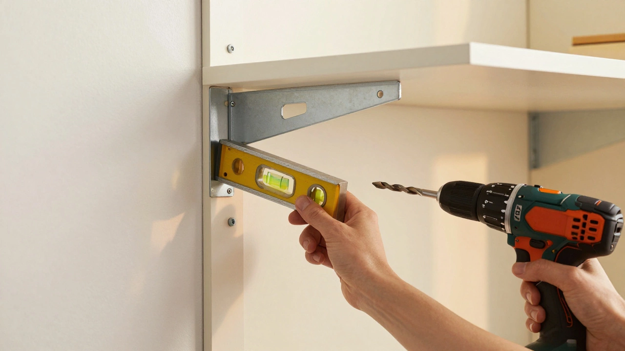 Hand using spirit level to install wall anchor bracket