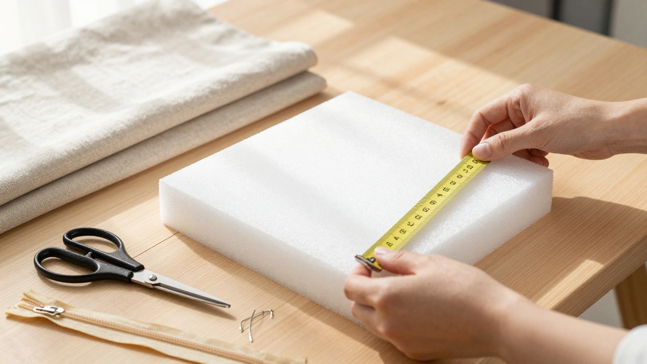 Hands measuring fresh foam and fabric for DIY sofa cushion replacement on a wooden table.