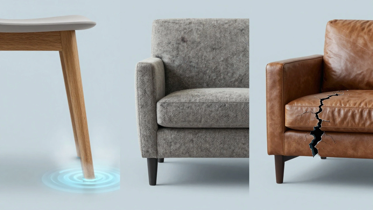 Illustration comparing mould risk in wood, upholstery, and leather