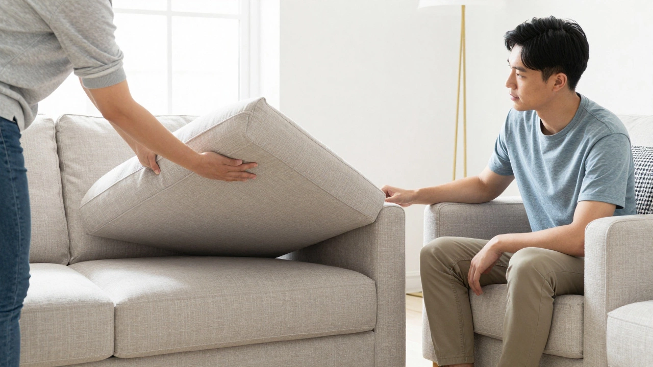 People inspecting sofa stability and comfort in a showroom