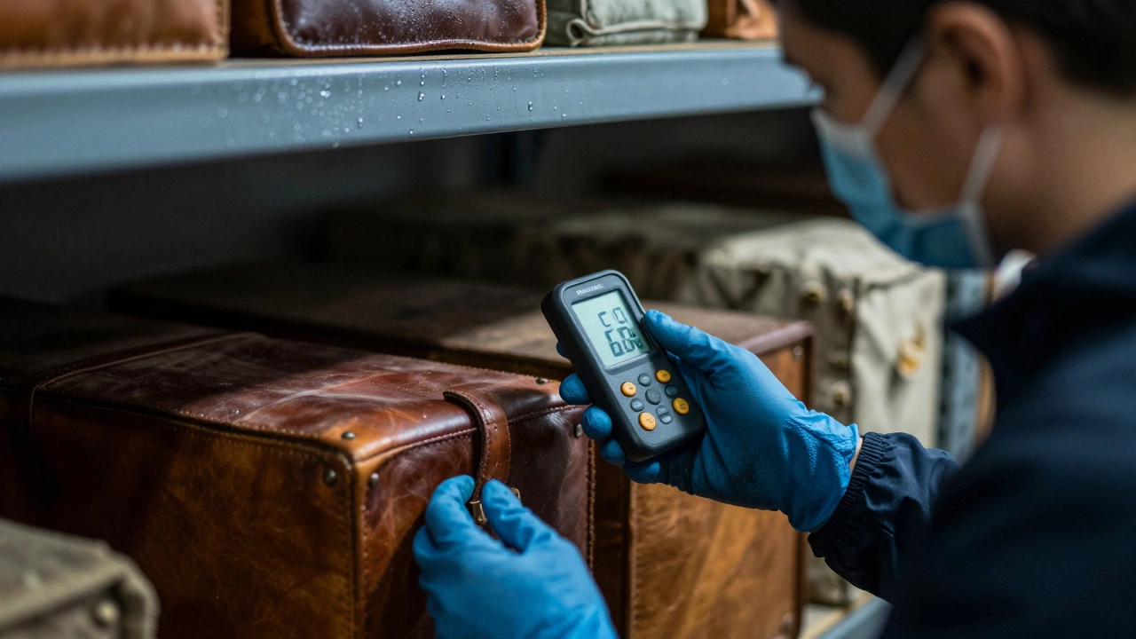Person checking humidity gauge near stored furniture in a storage facility