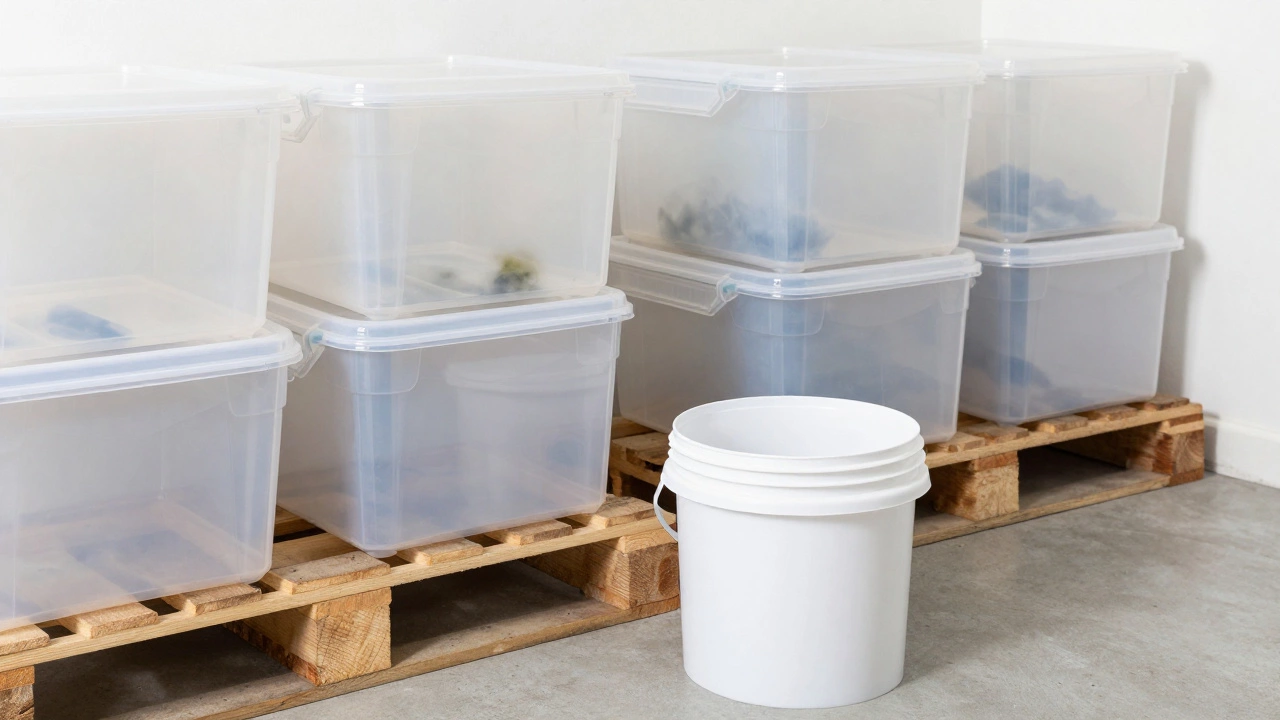 Plastic bins elevated on pallets in a clean, dry storage unit with dehumidifier
