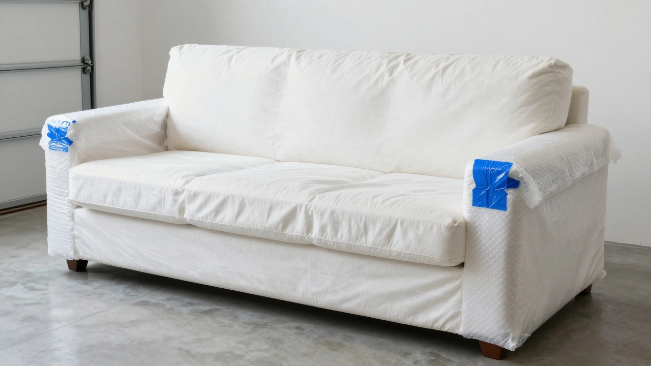 Sofa properly wrapped in cotton and bubble wrap for storage