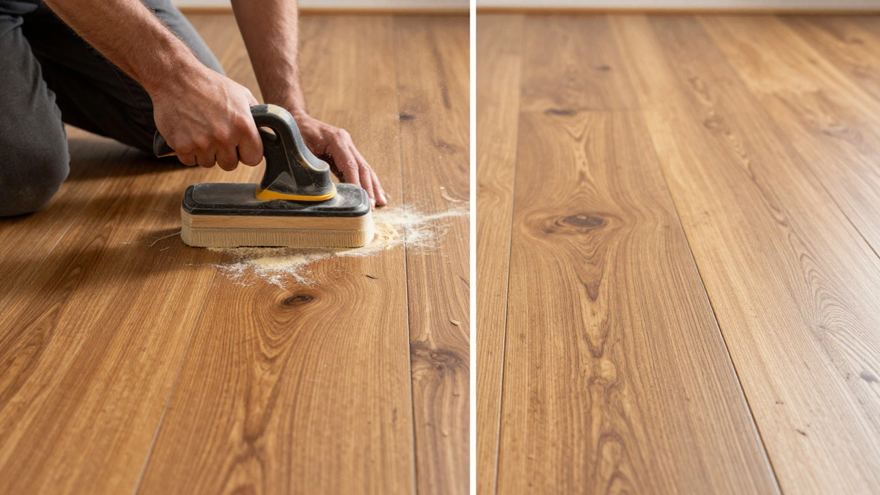 Solid hardwood floor being sanded and refinished