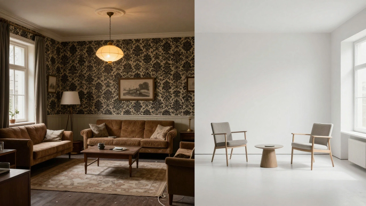 Split image contrasting dated floral wallpaper with modern minimalist decor