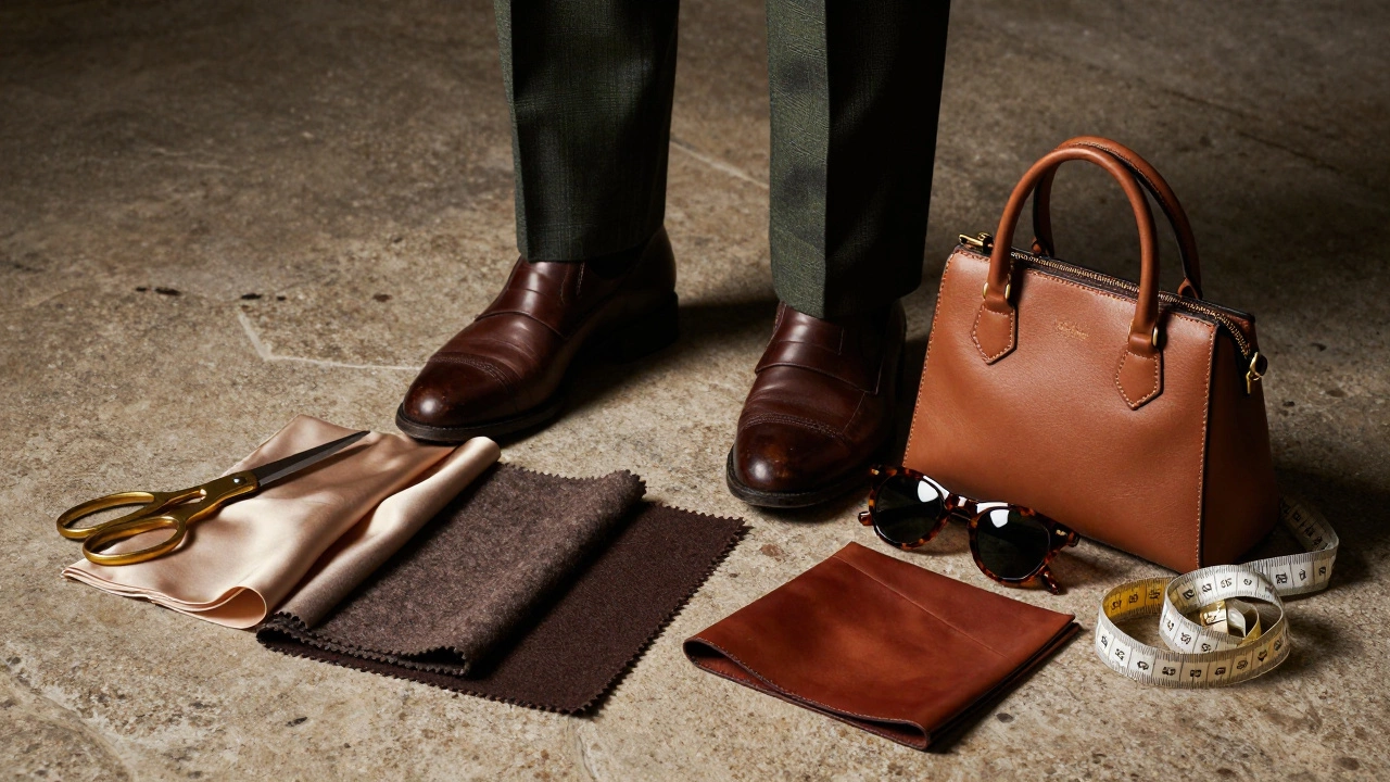 Still life of silk, wool, and leather fabrics with tailor tools and leather accessories.