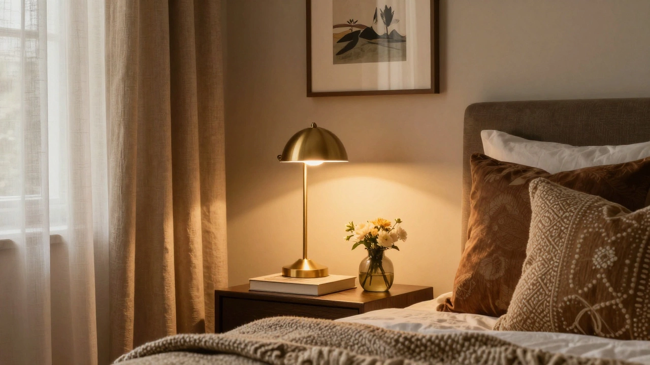 Styled bedroom corner with lamp, flowers, and textiles