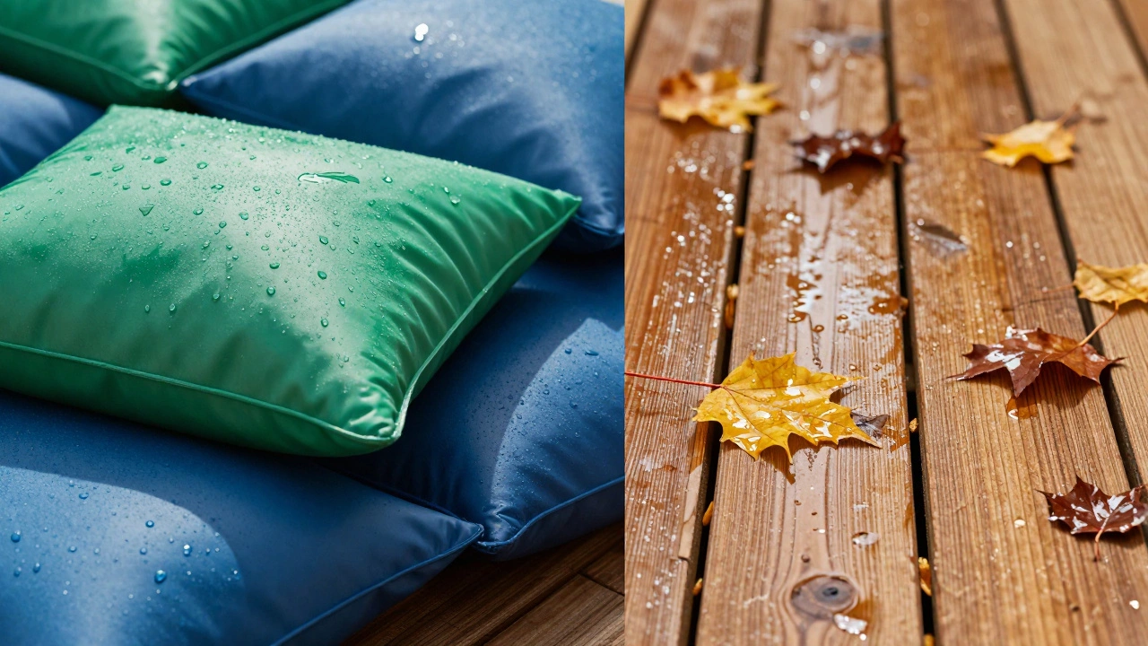 Water-resistant outdoor cushions and Polywood planks in rain