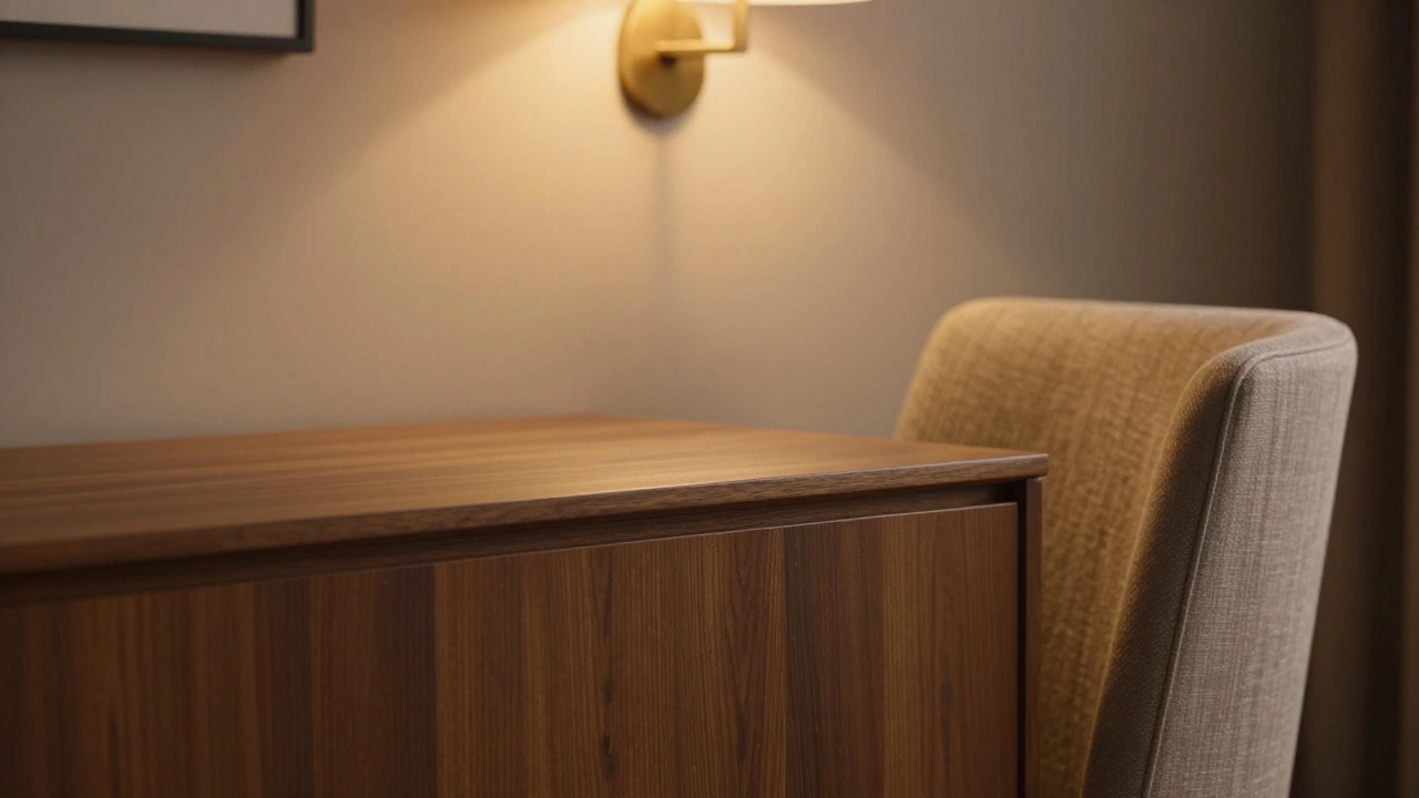 Close-up of a dining chair back sitting higher than the adjacent credenza top for visual balance.