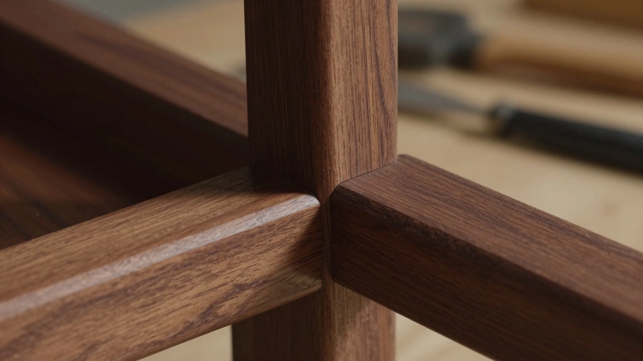 Close-up of intricate mortise-and-tenon wood joinery craftsmanship