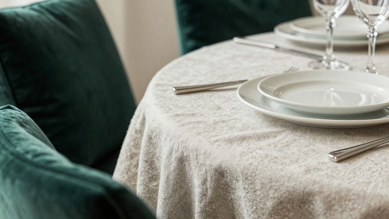 Close-up of linen table linens, ceramic plates, and velvet chairs
