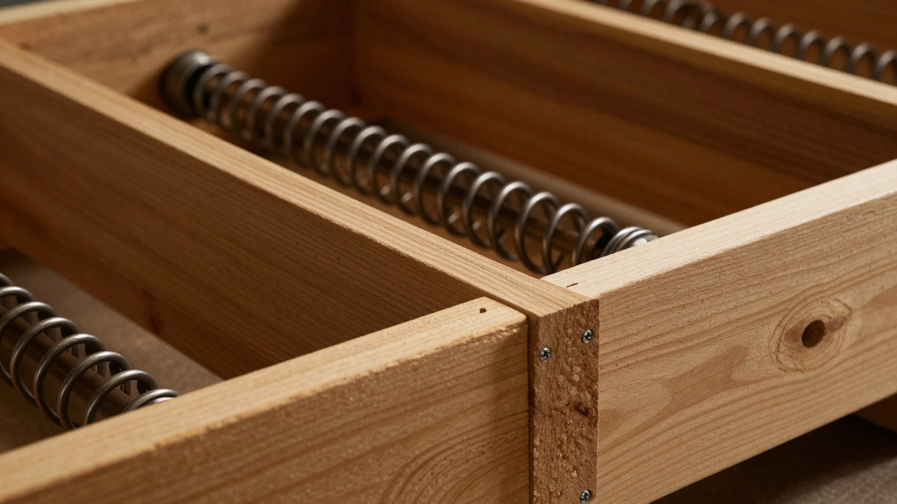 Close-up of sturdy hardwood sofa frame and hand-tied springs