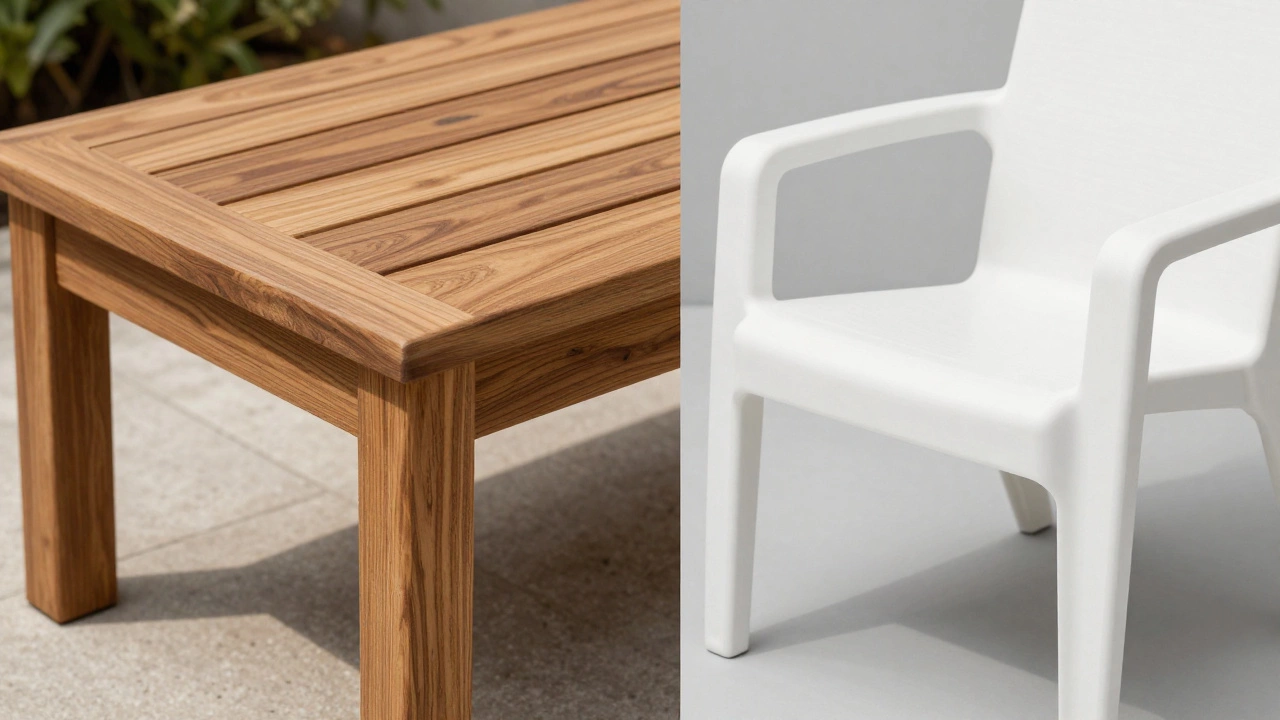 Comparison of natural teak wood vs synthetic plastic outdoor furniture