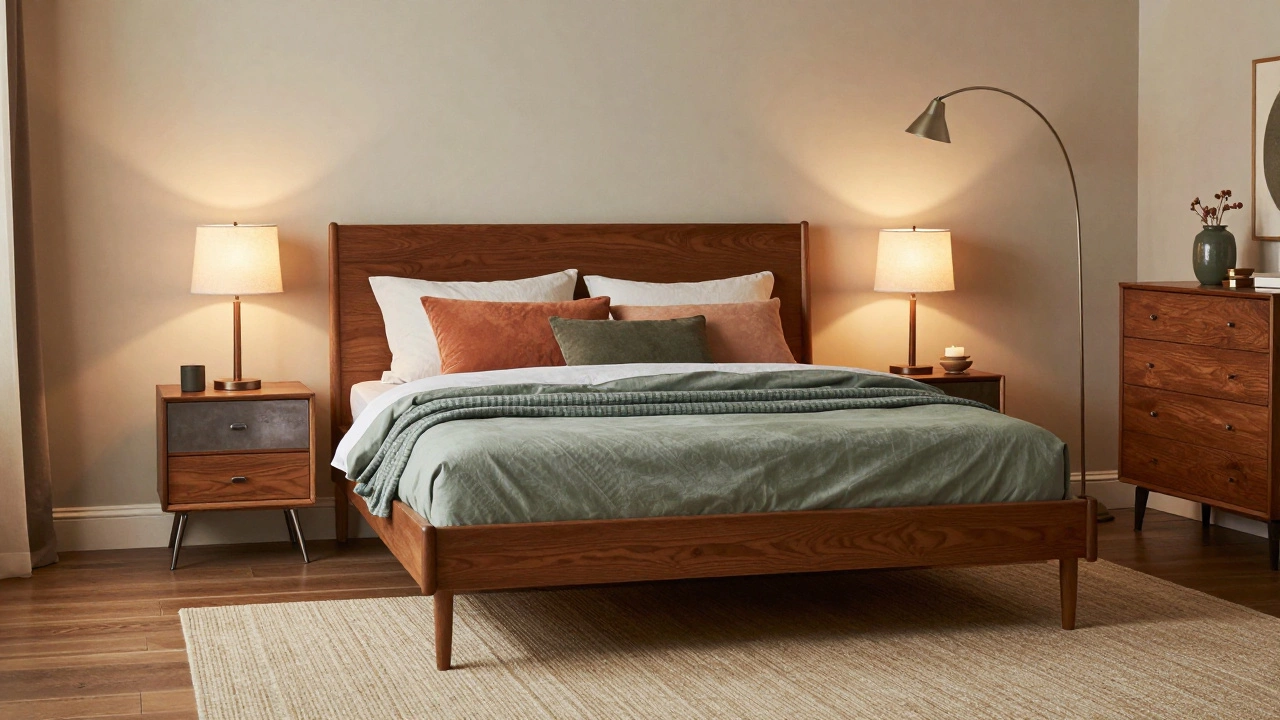 Cozy bedroom with mixed-style furniture and warm ambient lighting