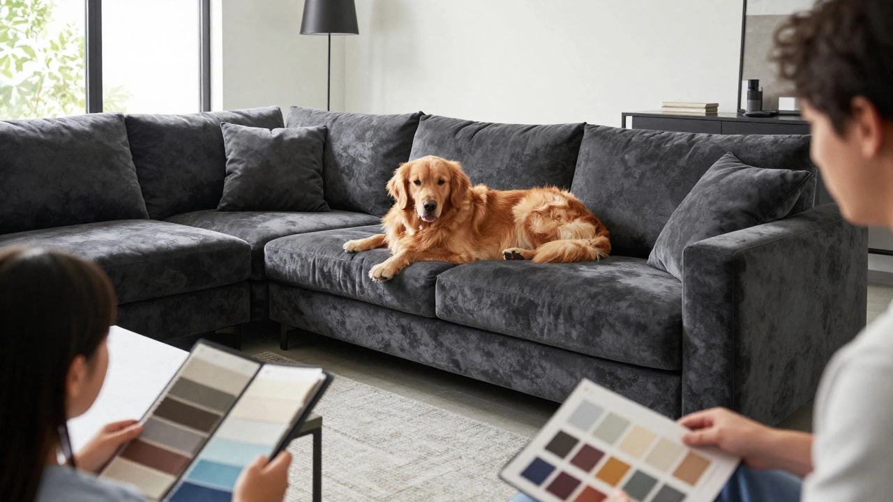 Family choosing fabric swatches near a pet-friendly luxury sofa