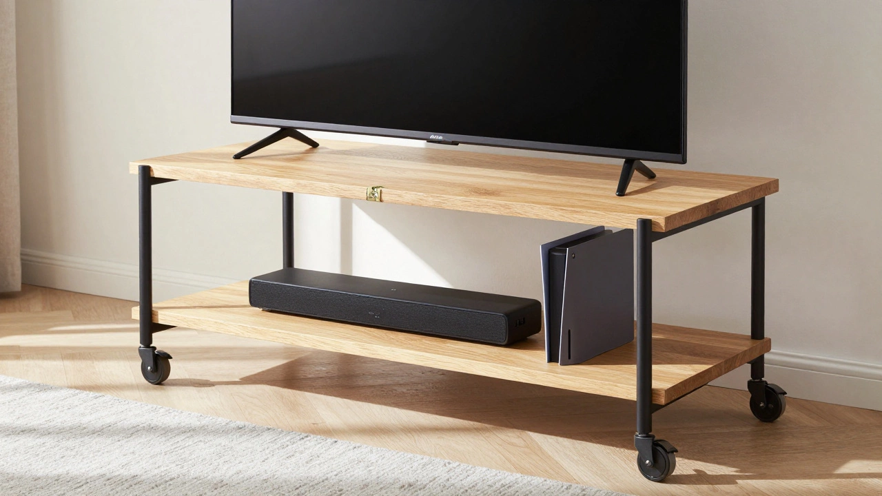 Freestanding TV cart with wheels holding a flat-screen TV