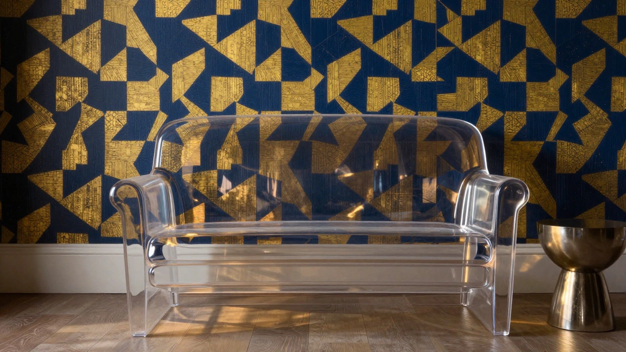 Ghost sofa against patterned wallpaper showing visual layering