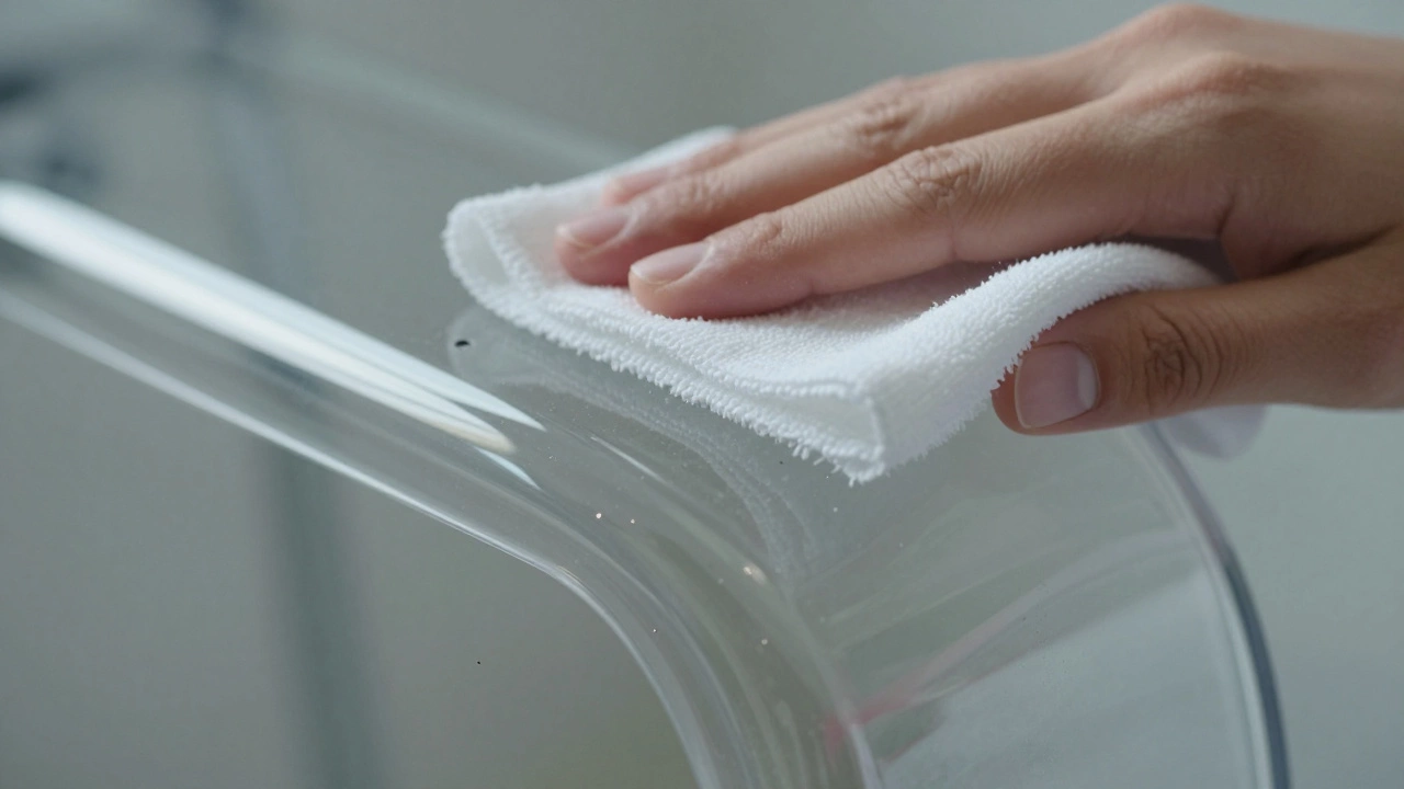 Hand cleaning a clear polycarbonate sofa armrest with a cloth