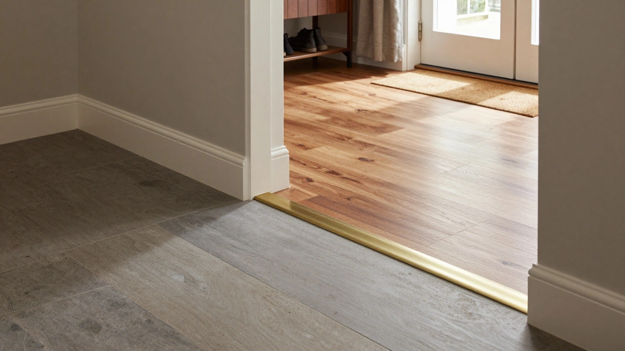 Hybrid flooring with vinyl entryway transitioning to hardwood living area.