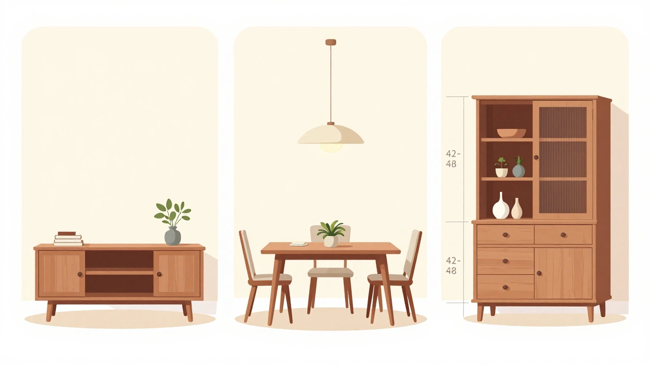 Illustration comparing low, standard, and tall credenzas in different dining room layouts.