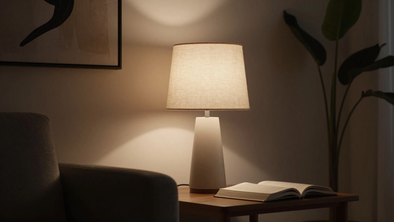 Layered lighting setup with a table lamp and accent lights highlighting art and plants
