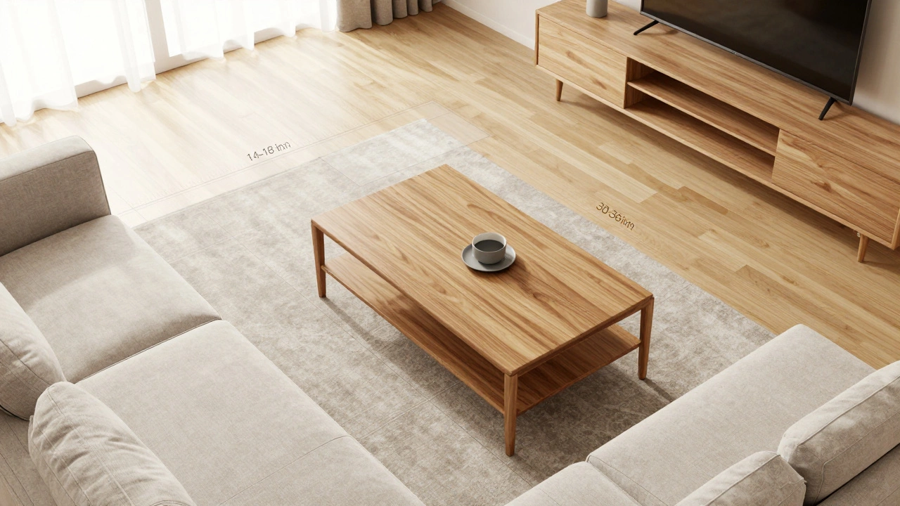 Living room layout showing coffee table spacing and walking paths between sofa and TV