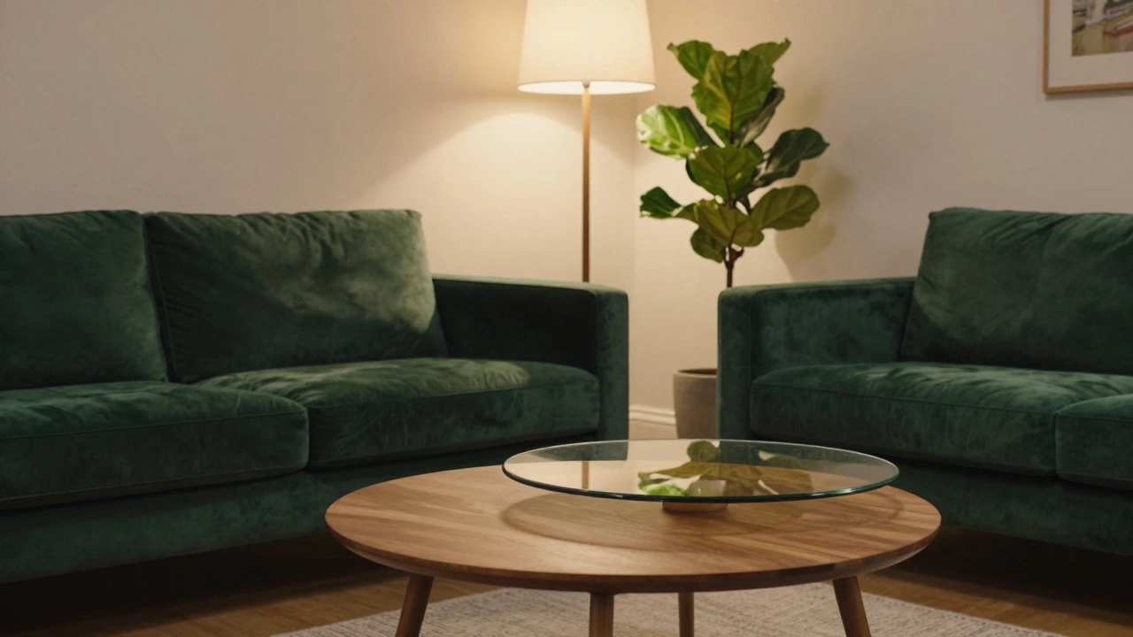 Nested round coffee tables and floor lamp filling corner gaps near a sofa