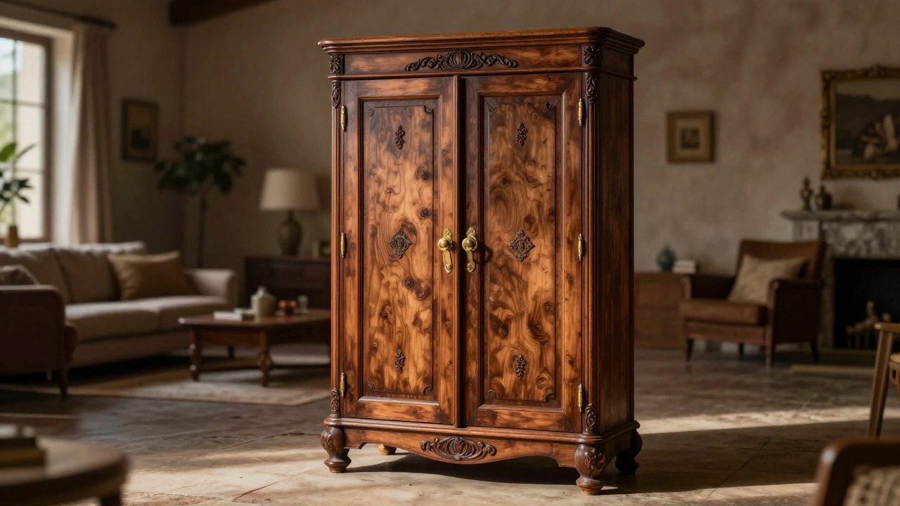 Ornate freestanding wooden armoire with carved details in a rustic room