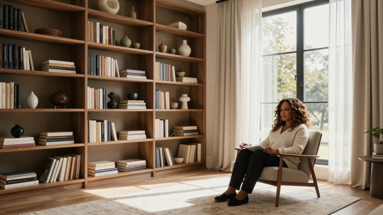 Serene, uncluttered library corner with natural light and personal books