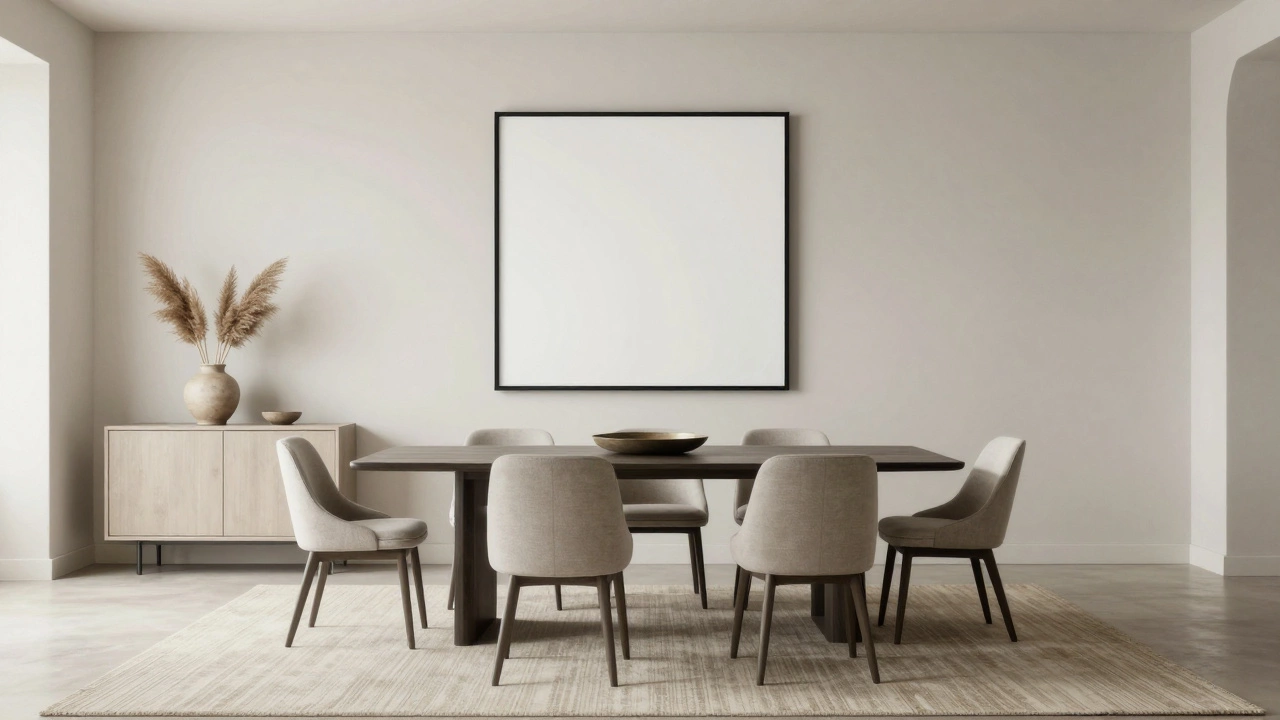 Spacious dining room with large rug, statement art, and minimal decor