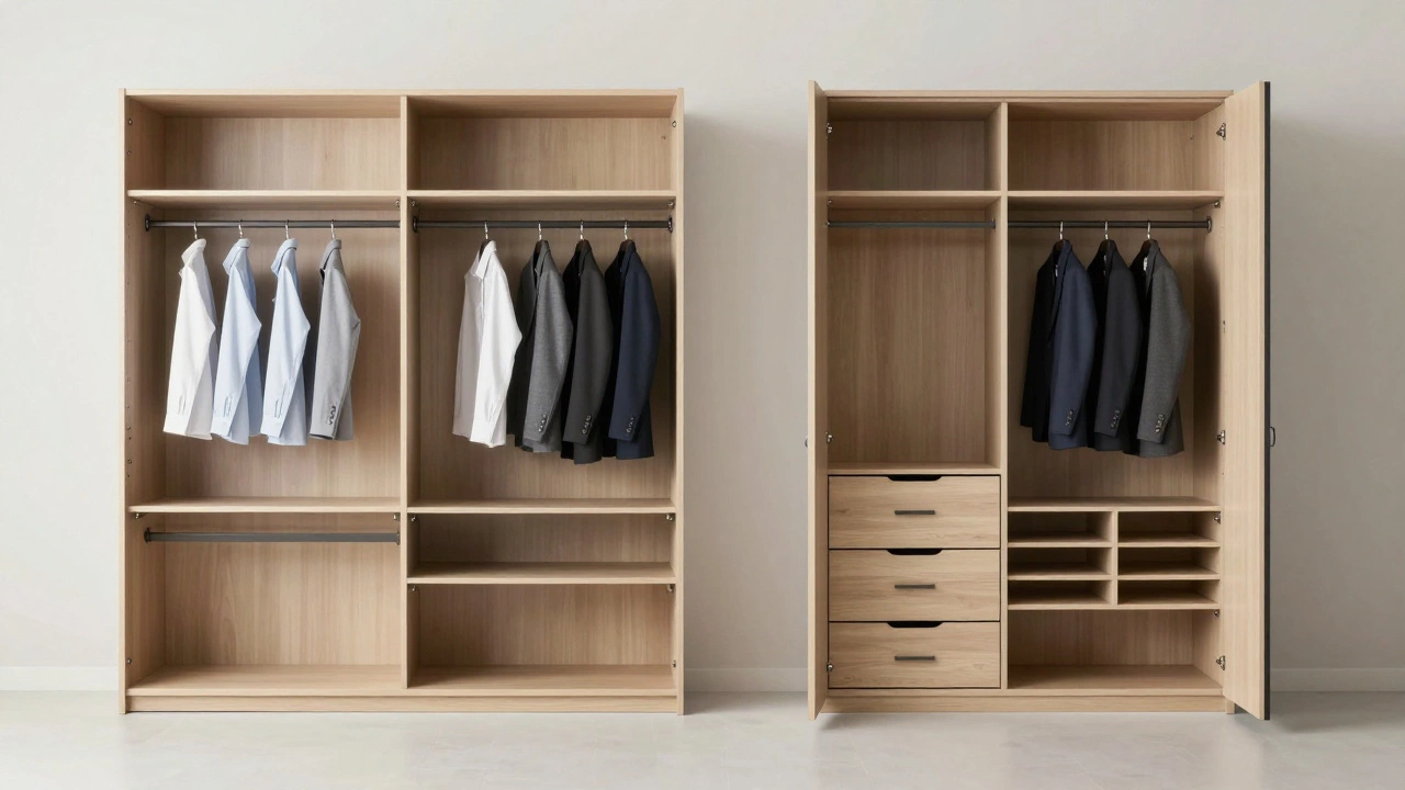 Split view comparing shallow wardrobe hanging space vs deep armoire storage