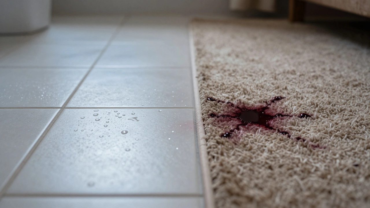 Split view comparing waterproof tile durability versus stained carpet fibers.