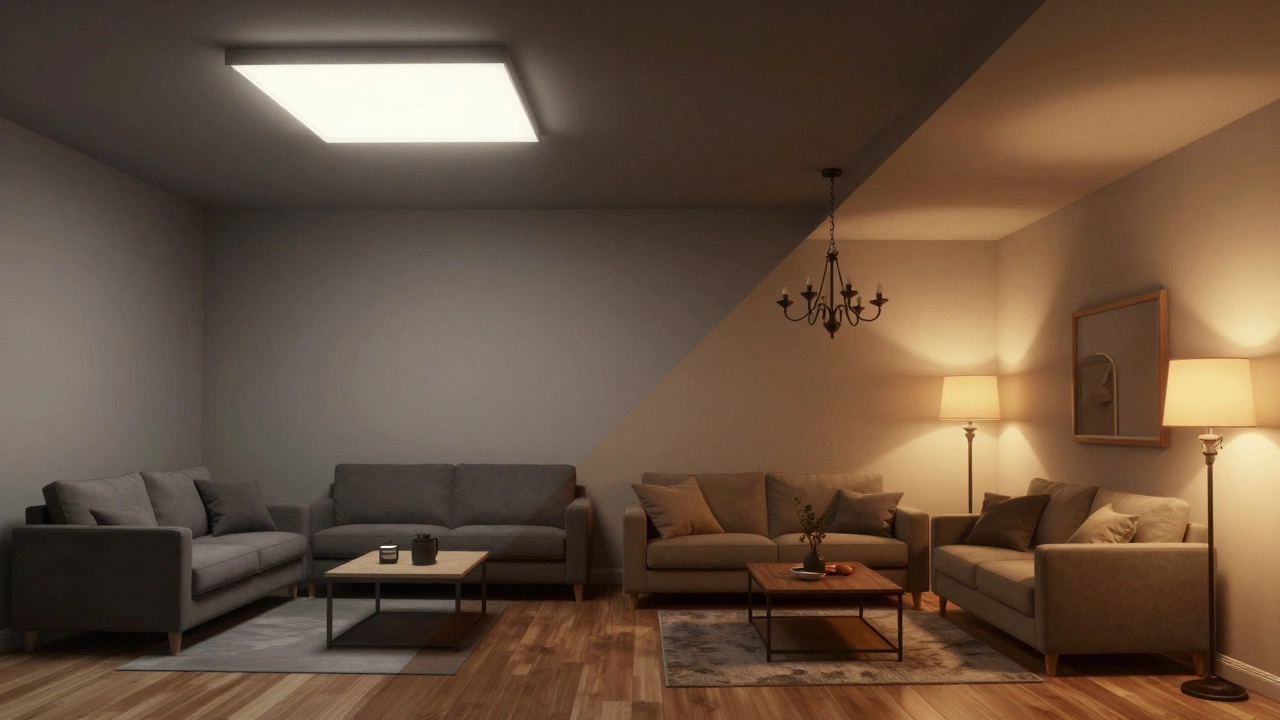 Split view contrasting harsh flat overhead lighting with warm, multi-source ambient lighting