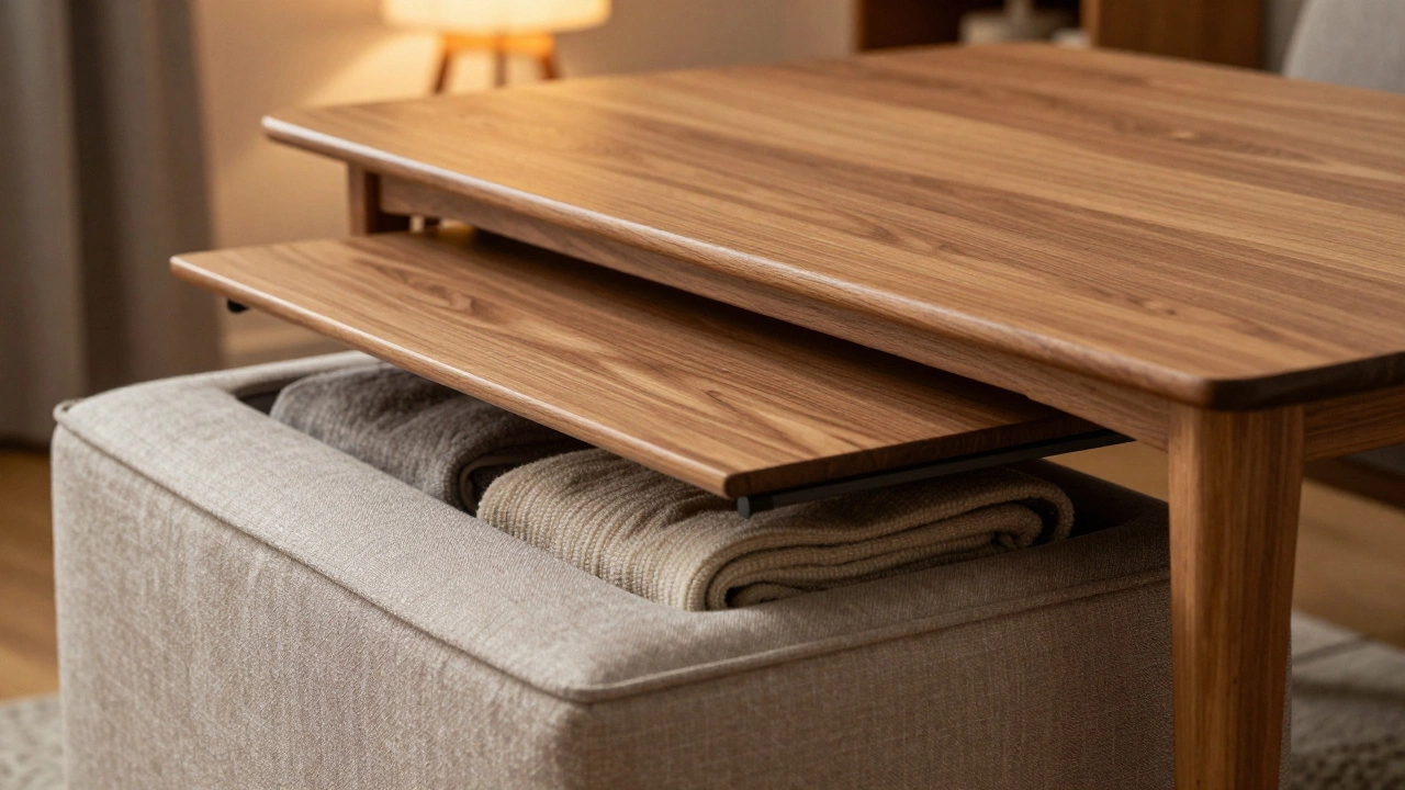 Storage ottoman with open lid showing hidden compartments in a cozy room