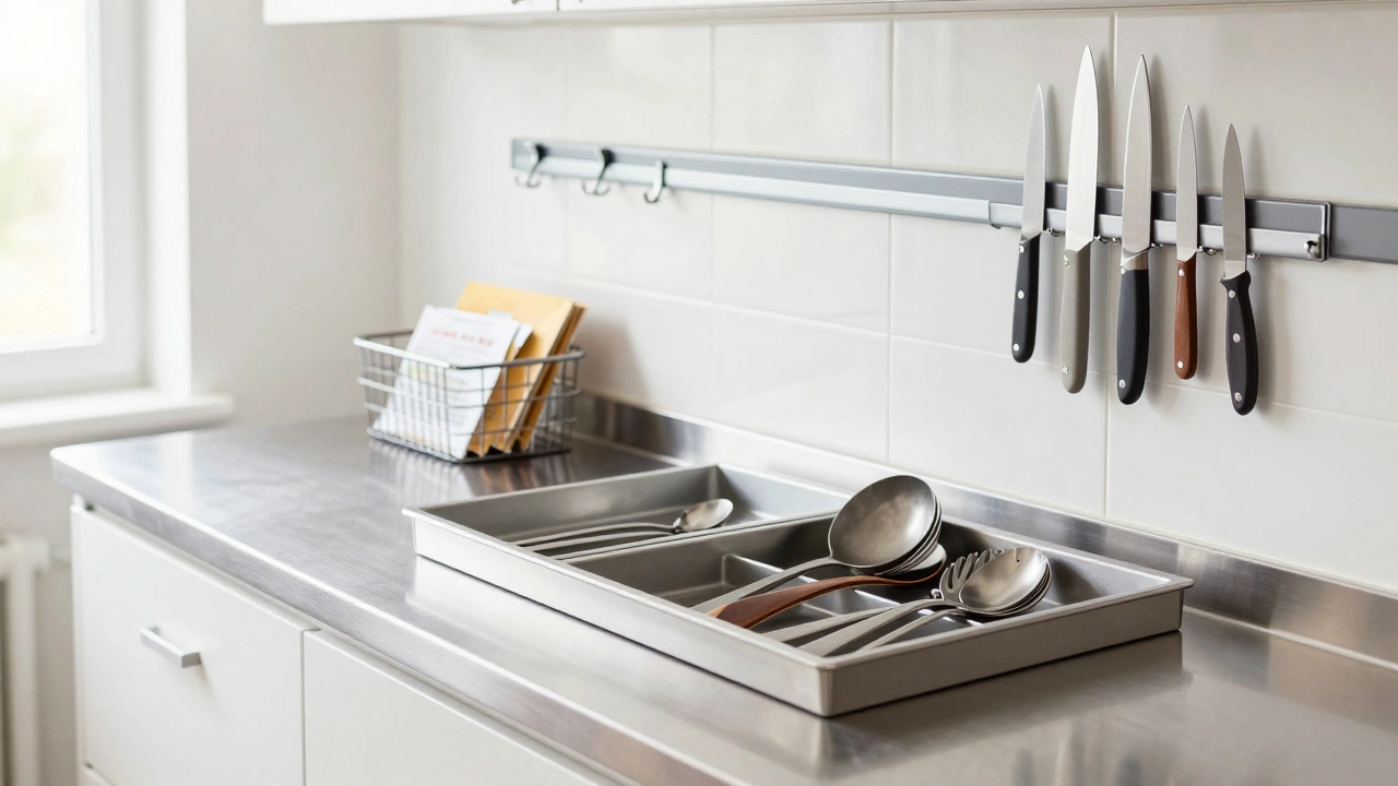 Tidy kitchen counter with organized drawers and magnetic knife strips
