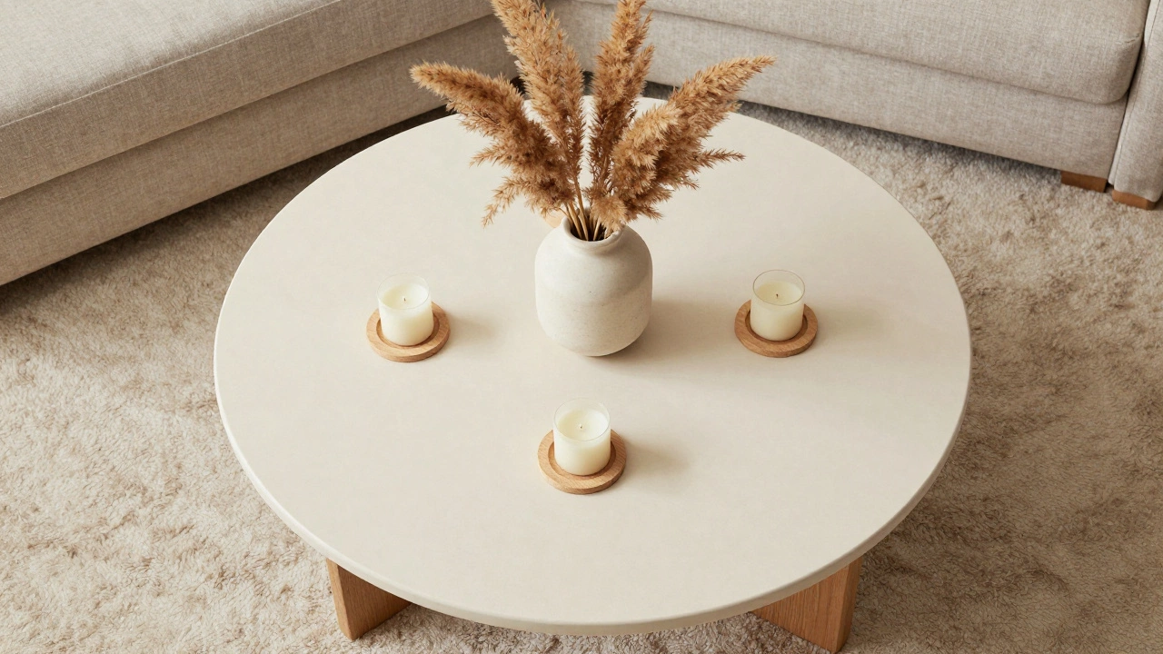 Top-down view of a round coffee table styled with symmetric decor items