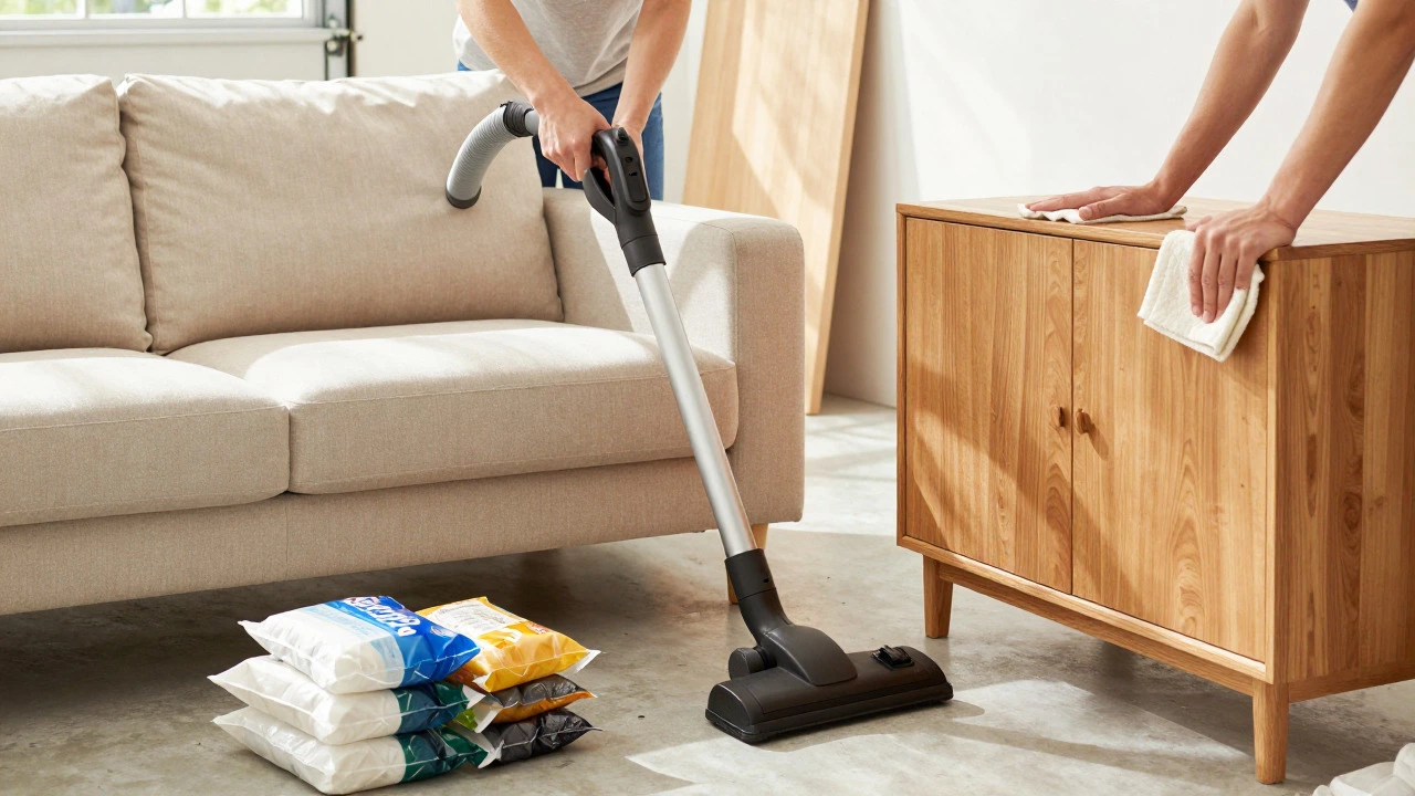 Cleaning and packing furniture with desiccants for safe storage