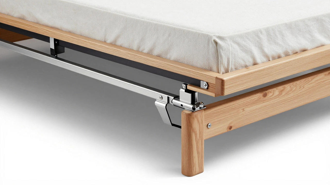 Close-up of a sturdy sofa bed mechanism extending with zero-gap tech