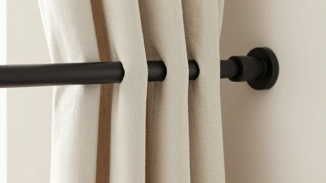 Close-up of matte black curtain rod and textured linen fabric with hidden tabs.