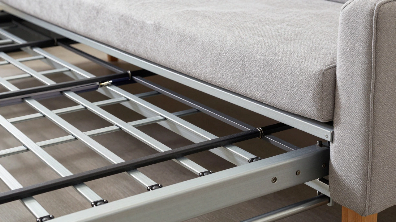 Close-up of metal slats and thin foam in a sofa bed frame